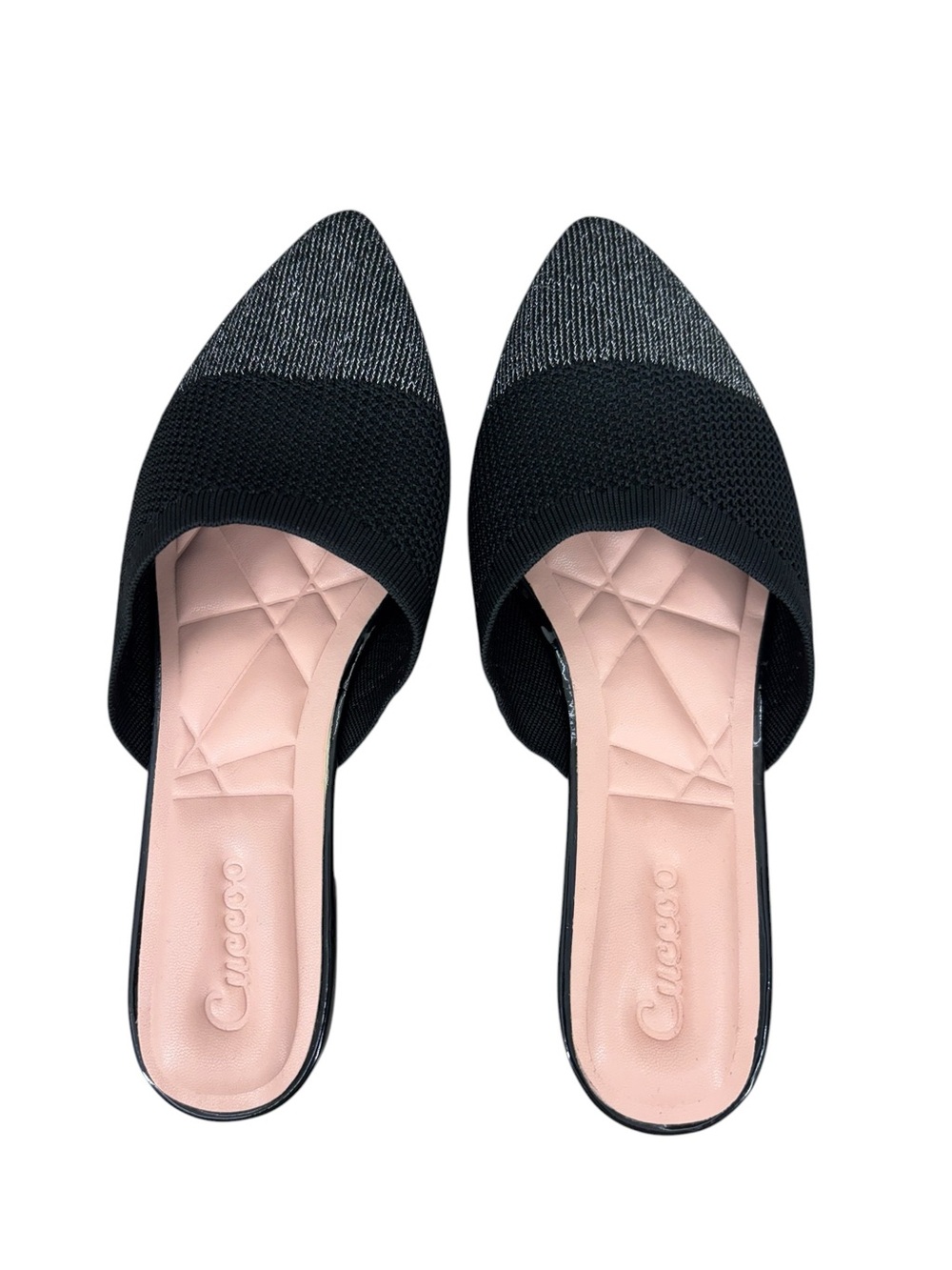 CUCCCOO Women’s Knit Pointed Toe Mules Black Silver Glitter Flat Slides Size 40